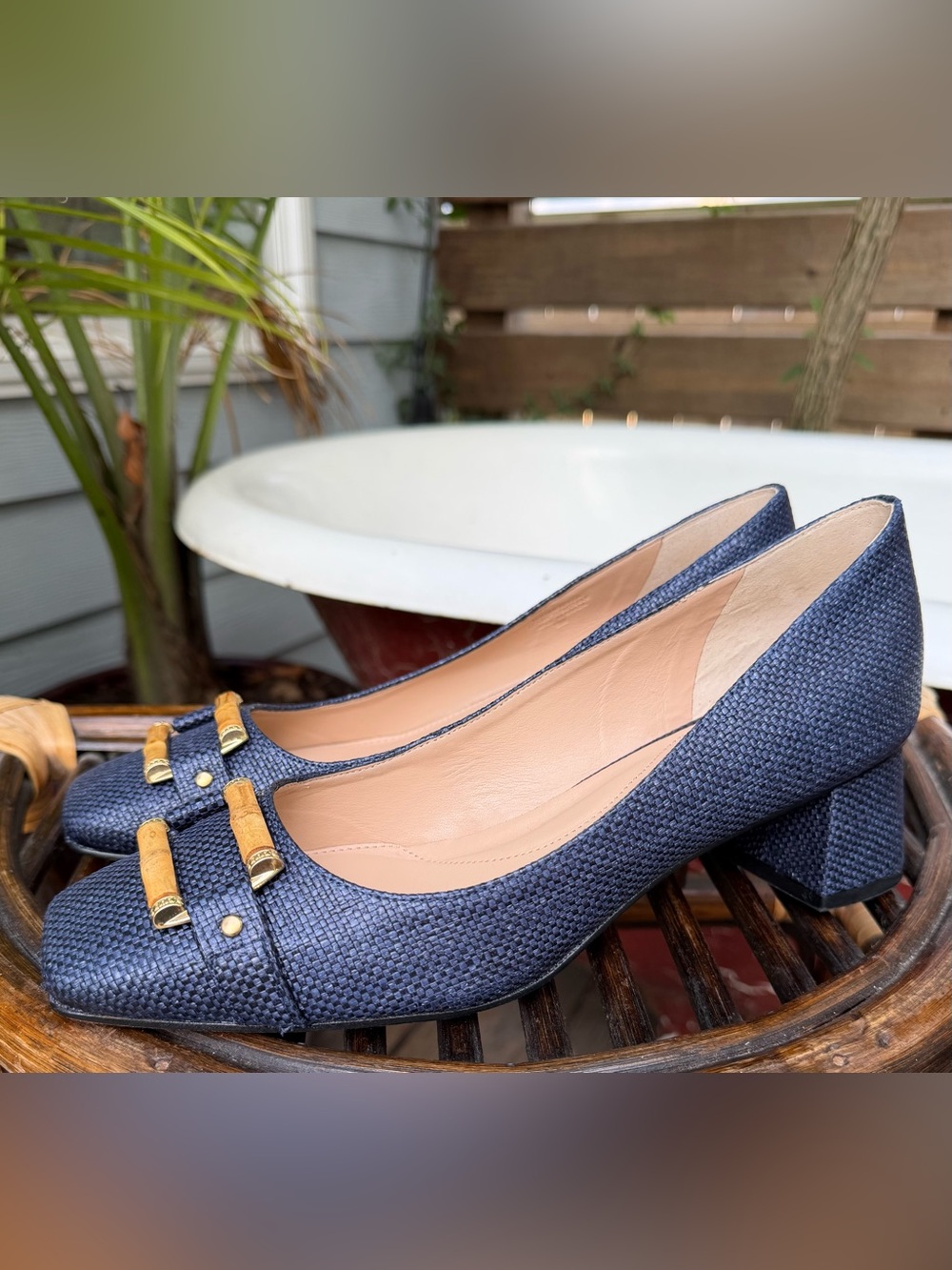 Talbots Sienna Bamboo Raffia Indigo Blue Block Heel Size 9 Pumps!